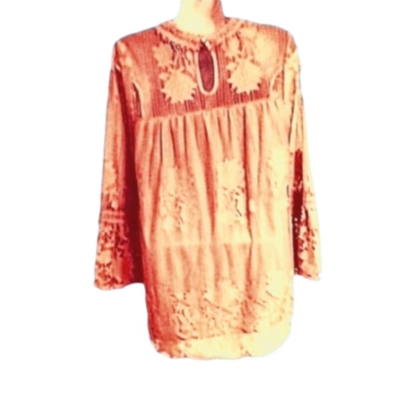 𝅺Miss Chevious LG Peony Pink Vtg Victorian Boho Long Sleeve Lace Blouse - Picture 1 of 8